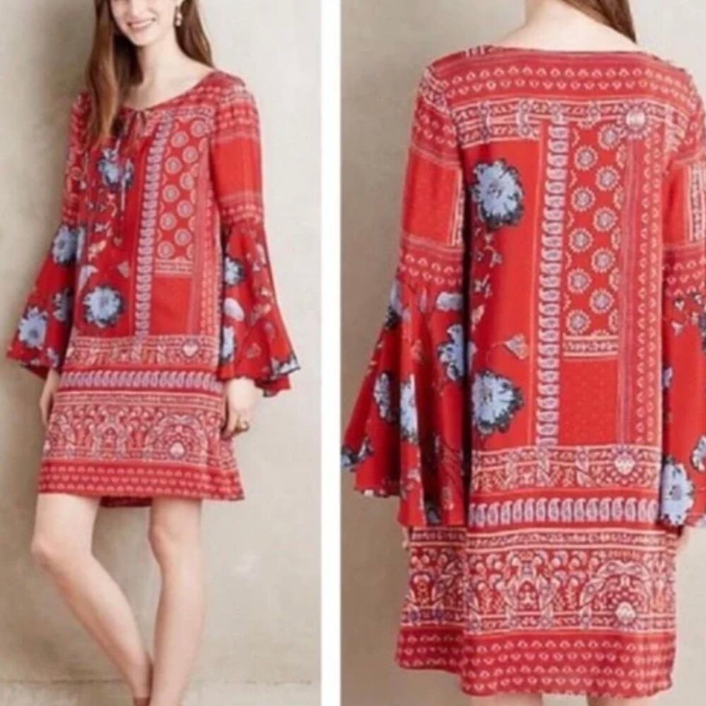 ANTHROPOLOGIE x VANESSA VIRGINIA | Floral Bell Sleeve Peasant Dress Silk | 10 - Picture 1 of 9